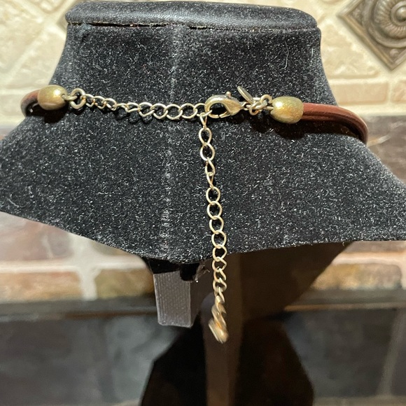 NWT Artisan necklace with leather cord and antique brass metal accents 16 - 20” - Picture 3 of 3